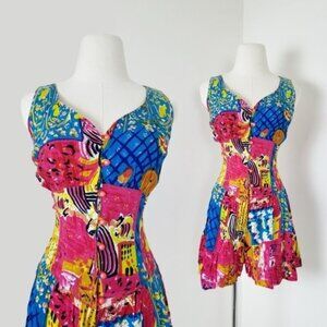 80s Patchwork Romper Abstract Sleeveless Onesie Button Down Shorts Shortalls